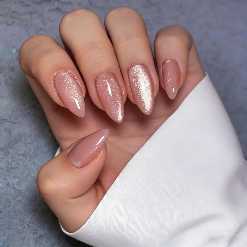 KQueenest Cat Eye Light Pink Press on Nails Medium Almond, 30 Pcs Glitter Nude Pink Fake Nails Press ons, Sparkly Acrylic Nails for Valentine’s Day, Reusable Glue on Nails for Women Small Hand - Image 2